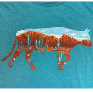 Rustic Western Desert Landscape Cow Graphic‎ T Shirt Teal Women's Size Large
